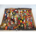 A large quantity in two trays of die-cast vehicles to include Lesney, Matchbox etc. all playworn.