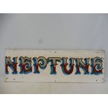 A hand painted fairground wooden sign 'Neptune' 42 1/2 x 14".