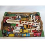 A tray of mainly Corgi and Dinky playworn die-cast vehicles.