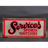 A Services Sports Watches illuminated shop window display sign, 26 3/4" w x 12" h x 8" d.