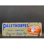 A rare Palethorpes Royal Cambridge Sausages pictorial enamel sign with good gloss, 24 x 8".