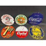 Six circular modern enamel advertising signs, the largest measuring 14" diameter.