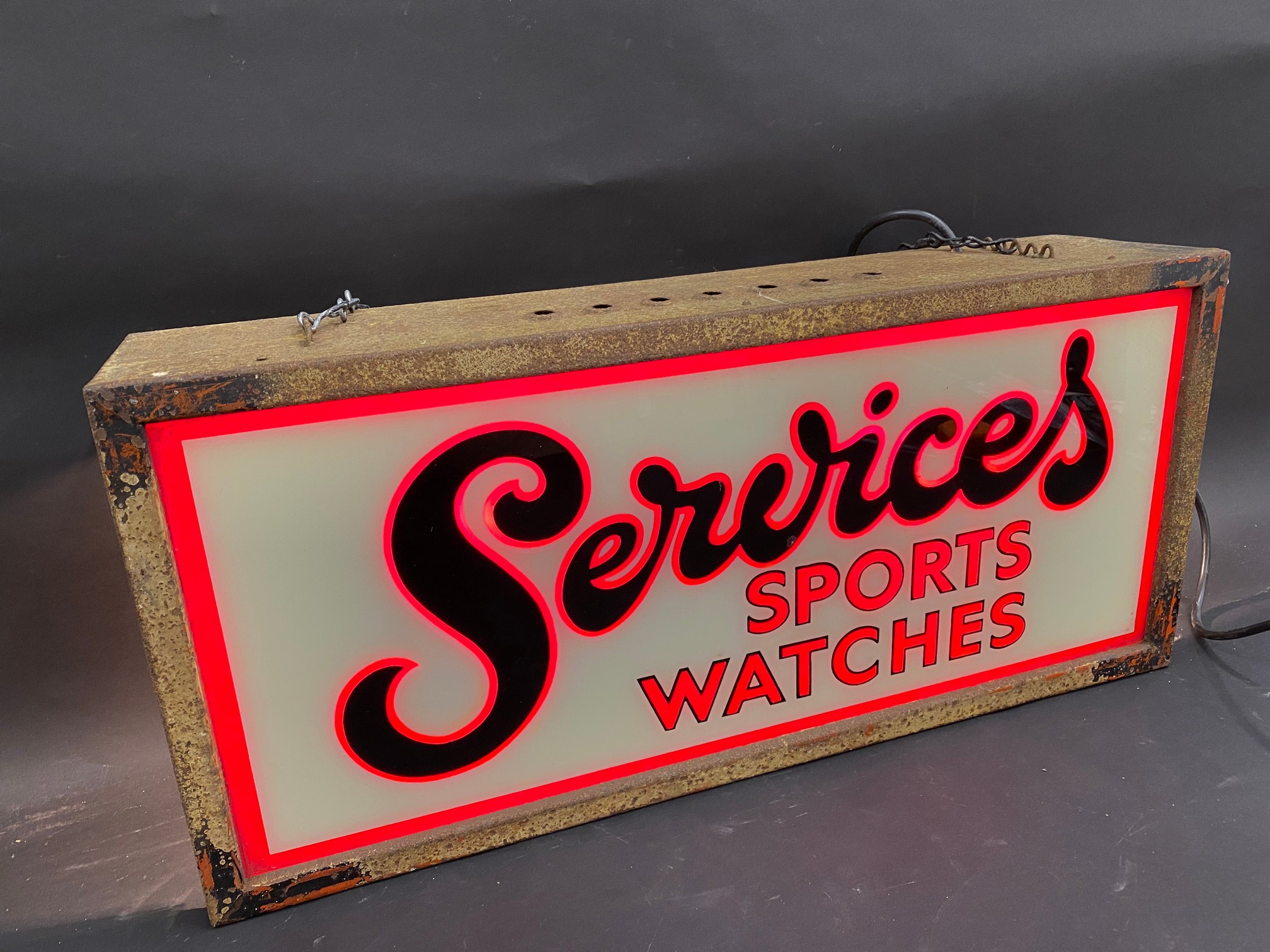 A Services Sports Watches illuminated shop window display sign, 26 3/4" w x 12" h x 8" d. - Image 2 of 4