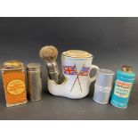 A Williams shaving soap mug with brush plus four soap and talc containers.