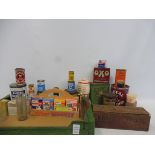 A box of assorted packaging, tins etc.