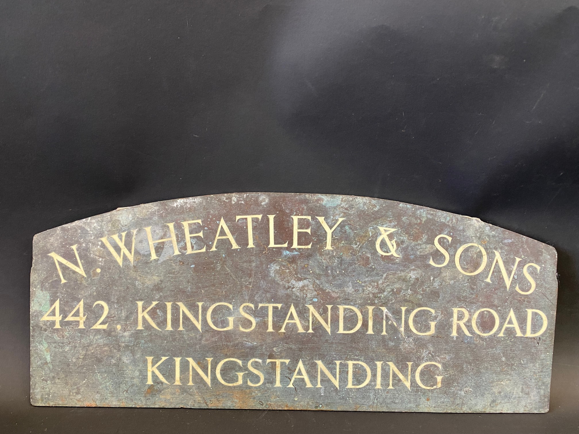 An early brass name sign for N. Wheatley & Sons, Kingstanding Road, Kingstanding. By repute