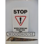 A street name sign for Woodhouse, 37 x 6", a double sided warning sign, 19 1/2 x 35 1/2" and an