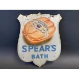 A Spear's of Bath Sausages shield-shaped pictorial tin advertising sign, 7 1/2 x 9 1/2".