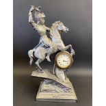 A 19th Century spelter sculptural timepiece in the form of a knight on horseback, stamped