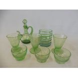 Three unusual soda glass beakers, etched with two figures in a boat and five further items of