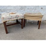A mahogany square stool with upholstered seat, 19" square, plus a second stool, 18" w (2).