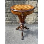 A Victorian walnut and inlaid trumpet shaped work table, the circular top inlaid with a chess