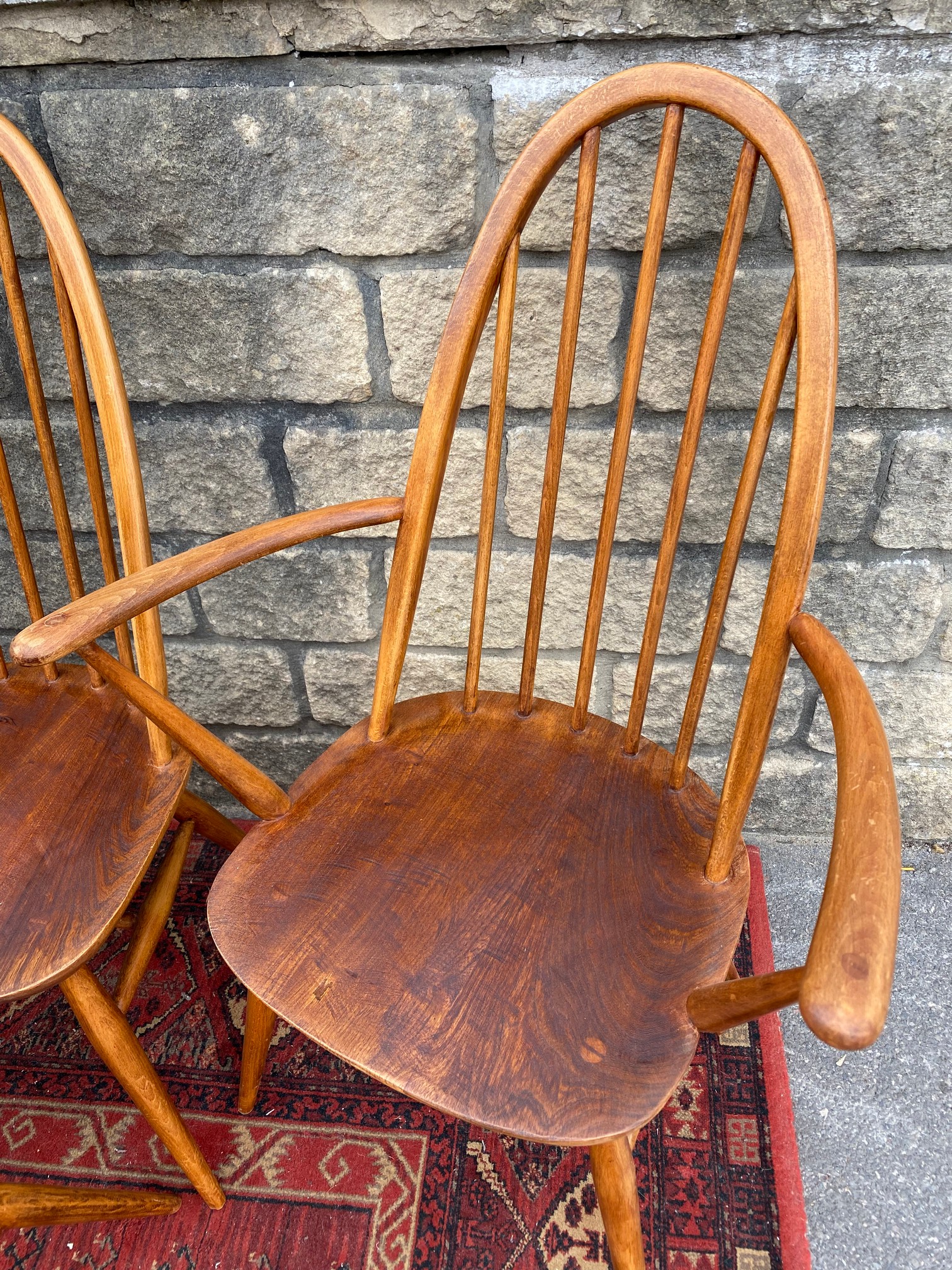 A set of six mid-20th Century Ercol high back dining chairs, two with arms, bearing - Image 5 of 5