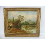 F. JOHAN - rural landscape, river scene with a castle beyond, oil on board, gilt framed, 27 x 22".