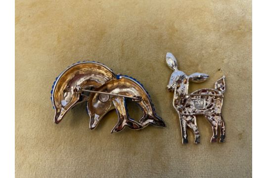 Two Butler & Wilson brooches - Two diving dolphins, w 6cm x h 4.5cm and a deer, h 5cm, brand new - Image 2 of 2