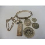 A heavy silver ingot pendant and various other silver including a bangle, coins etc. Overall approx.