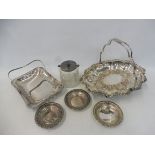A good quality Victorian silver plated basket, a cut glass and silver plated preserve pot and