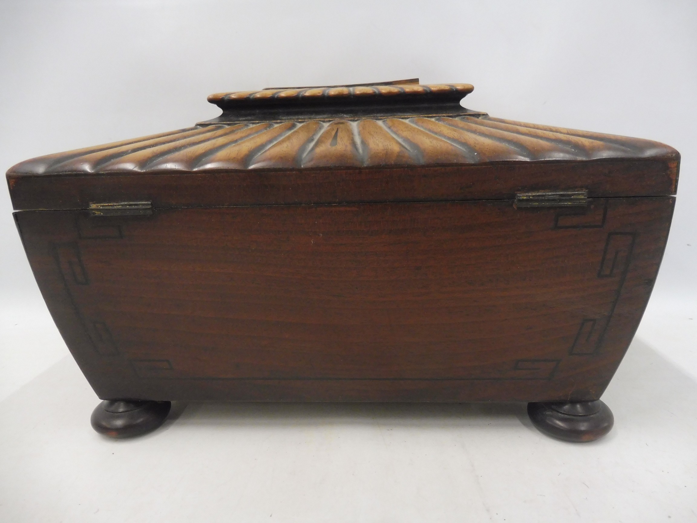 A Regency mahogany ebony strung and burr yew inlaid sarcophagus-shaped sewing box with brass ring - Image 3 of 5