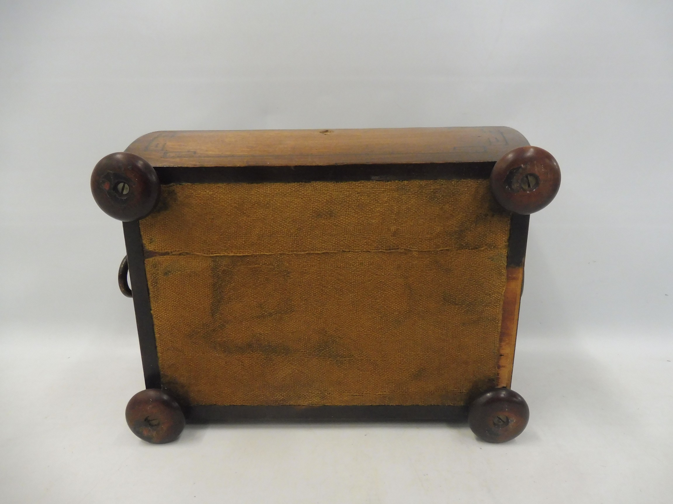 A Regency mahogany ebony strung and burr yew inlaid sarcophagus-shaped sewing box with brass ring - Image 5 of 5