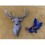 Two Butler & Wilson crystal brooches - encrusted stag head, h 9cm, w 7cm, RRP £44 and three