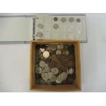 A box of loose coins, mainly post 1948, pre and post-decimalisation GB, (some foreign); also a