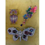 Three Butler & Wilson multi colour crystal brooches - owl, h 10cm, w 6cm, large butterfly, h 9cm,