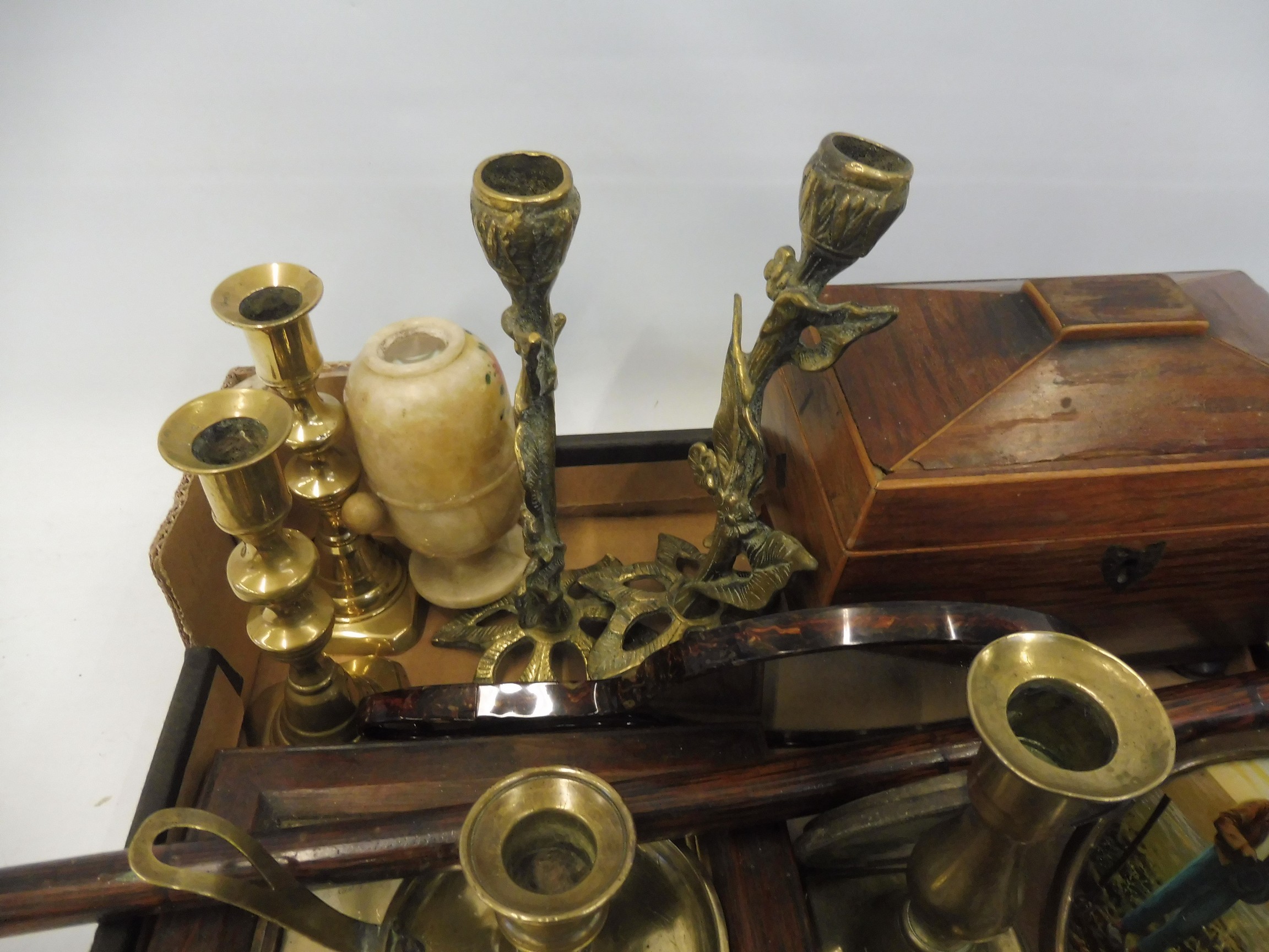 A box of collectables including a Victorian partridgewood tea caddy, 19th Century brassware, a - Bild 4 aus 6