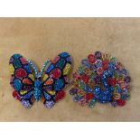 Two Butler & Wilson multi colour crystal brooches - peacock, h 7cm, w 7.5cm and butterfly, h 7cm,