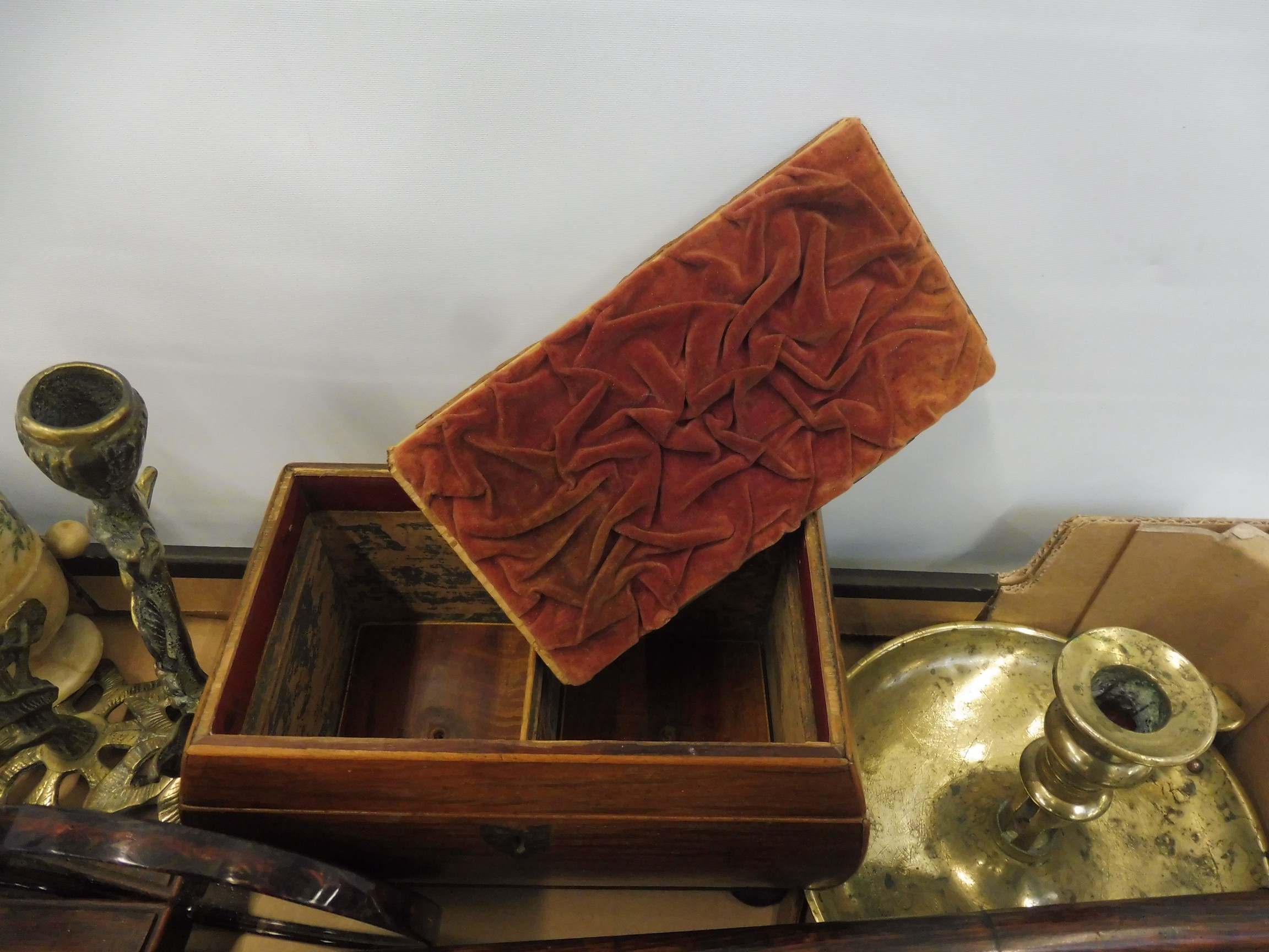 A box of collectables including a Victorian partridgewood tea caddy, 19th Century brassware, a - Bild 6 aus 6