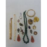 A selection of jewellery including brooches, a bangle, necklaces, pendants, a ring, carved coral