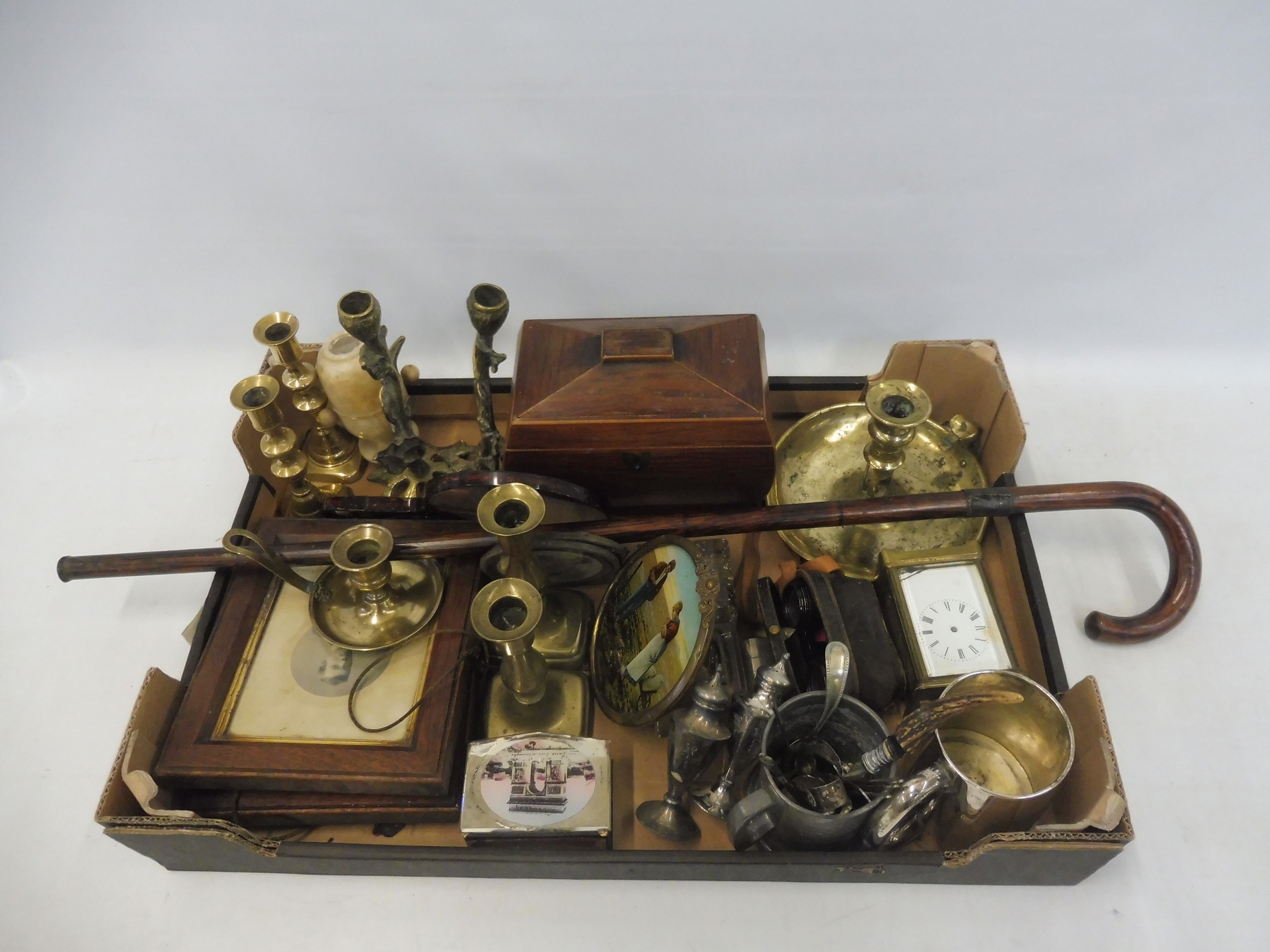 A box of collectables including a Victorian partridgewood tea caddy, 19th Century brassware, a