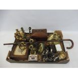 A box of collectables including a Victorian partridgewood tea caddy, 19th Century brassware, a