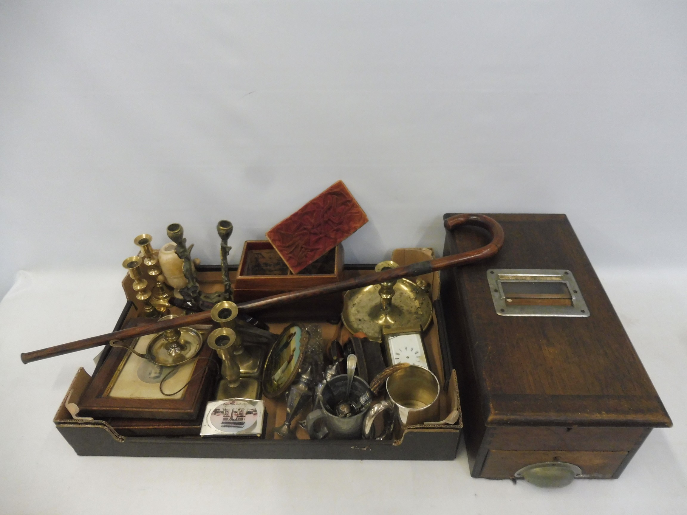 A box of collectables including a Victorian partridgewood tea caddy, 19th Century brassware, a - Bild 5 aus 6