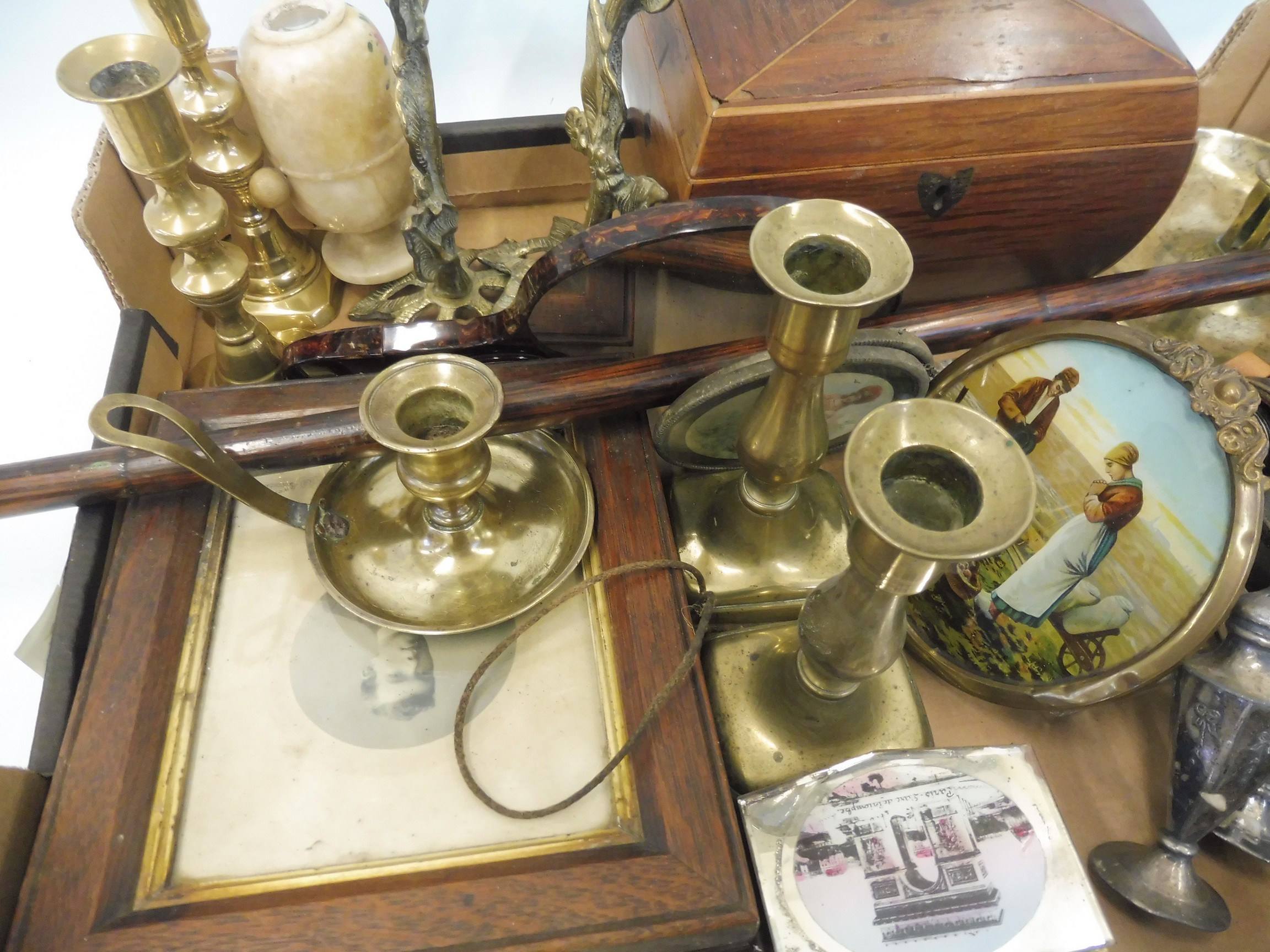 A box of collectables including a Victorian partridgewood tea caddy, 19th Century brassware, a - Bild 3 aus 6