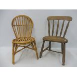 An elm seated childs chair, and a wicker childs chair.