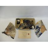 Two 19th Century unmarked notelets in a Penny Red stamped envelope, two fans and a box of costume