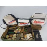 A quantity of cigarette cards, three circa 1960s/1970s air travel bags etc.