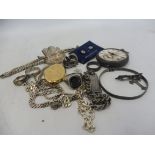 A tray of silver jewellery to include rings, necklaces, a pocket watch etc. overall weight approx.