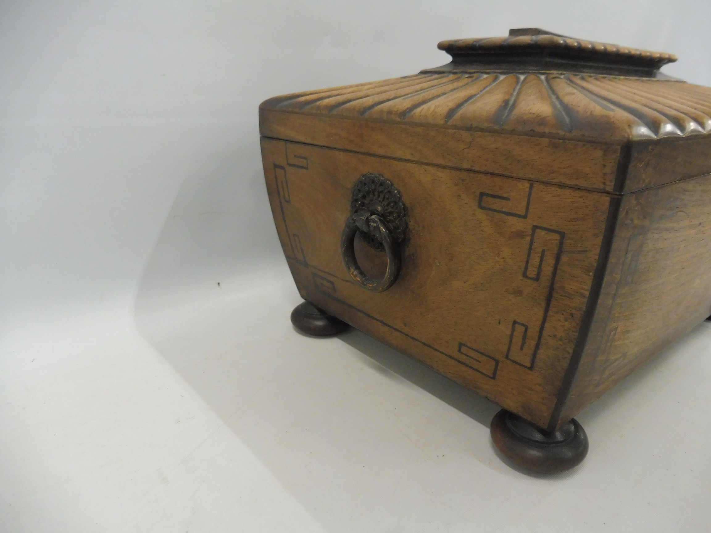 A Regency mahogany ebony strung and burr yew inlaid sarcophagus-shaped sewing box with brass ring - Image 2 of 5