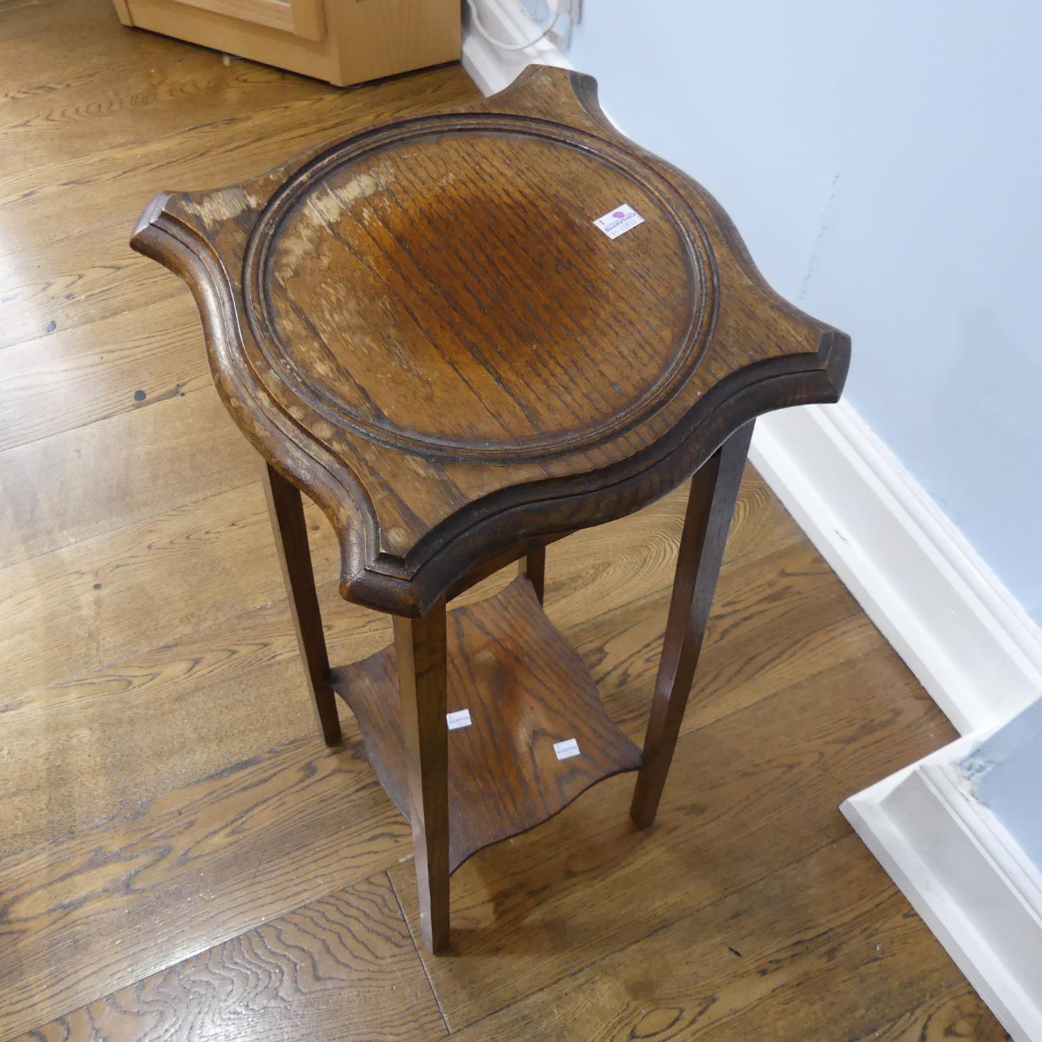 An Arts and Crafts oak Torchere/Plant Stand, with an under tier, some water damage, 39cm wide x 39cm - Image 2 of 2