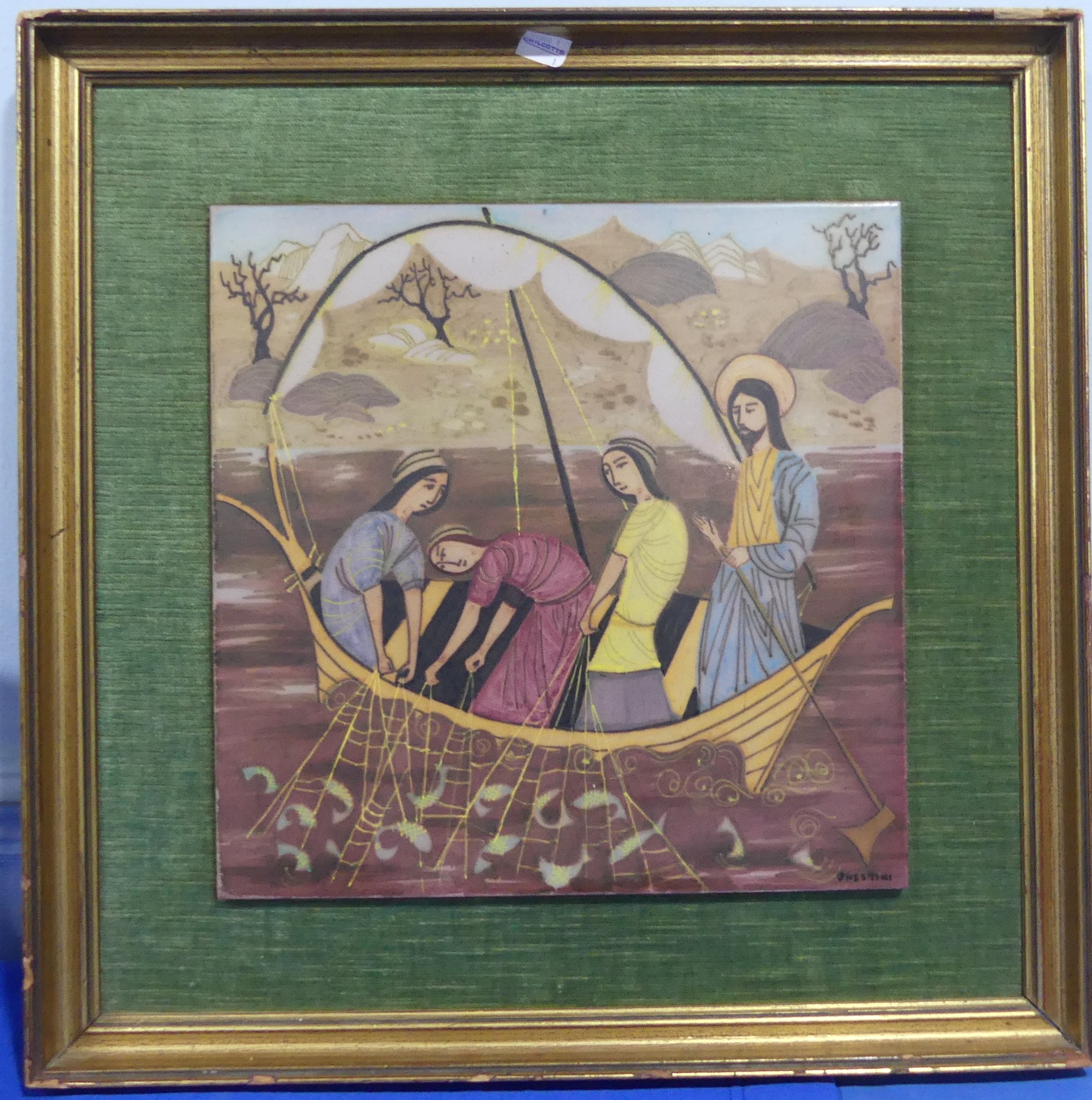 A late 20thC painted Tile by Onestini, 'The Fisher of Men', depicting Jesus with his disciples on