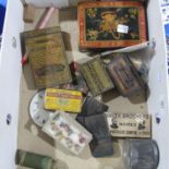 A box of Wonderments, including a 19thC figural painted wooden snuff box, vintage tins and