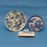 A 19thC Chinese blue and white Plate, decorated with cranes and foliate decoration, together with