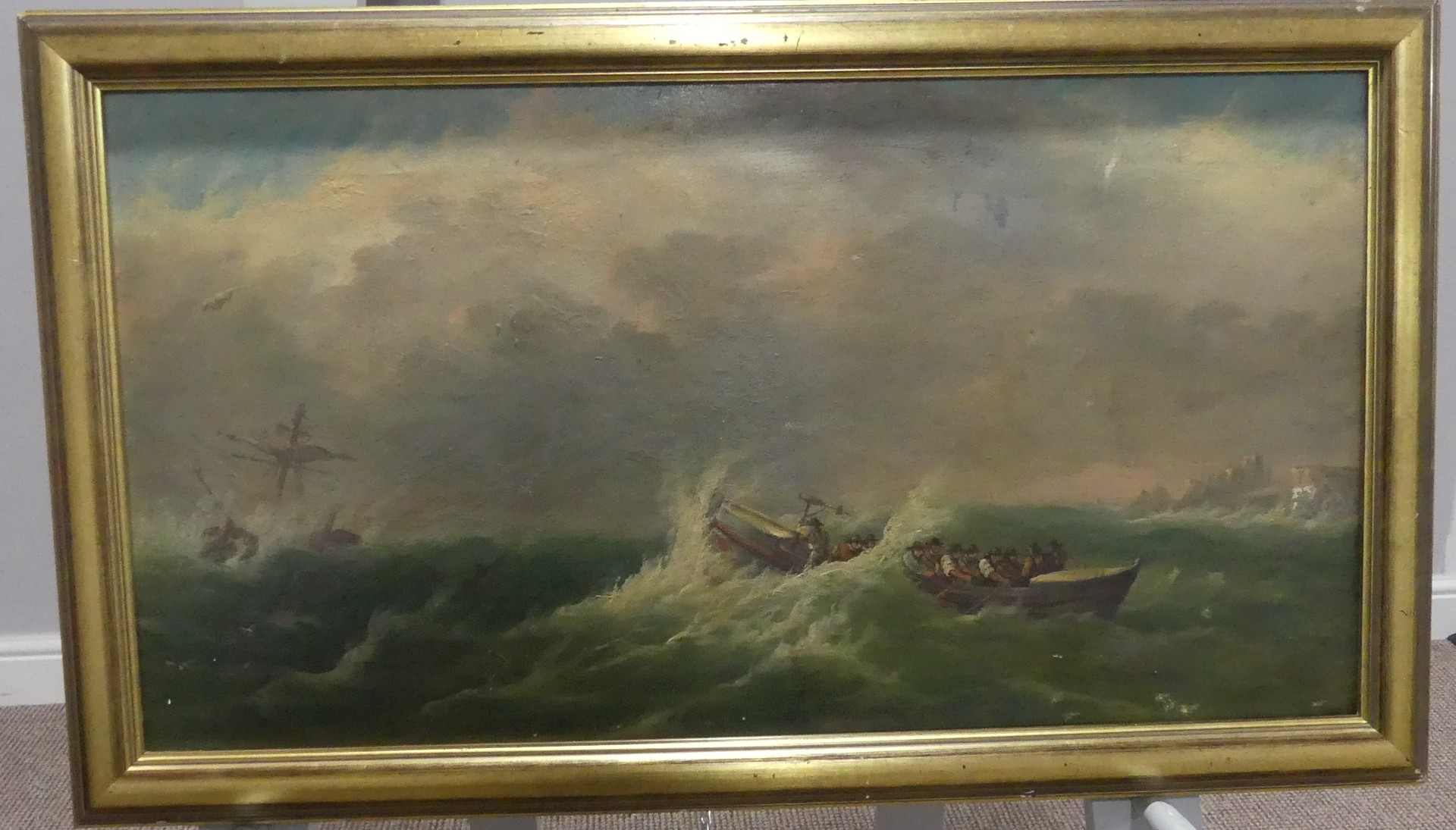 19thC school, Life boat in a stormy sea, oil on canvas, old restorations and some scuffing to