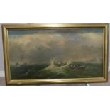 19thC school, Life boat in a stormy sea, oil on canvas, old restorations and some scuffing to