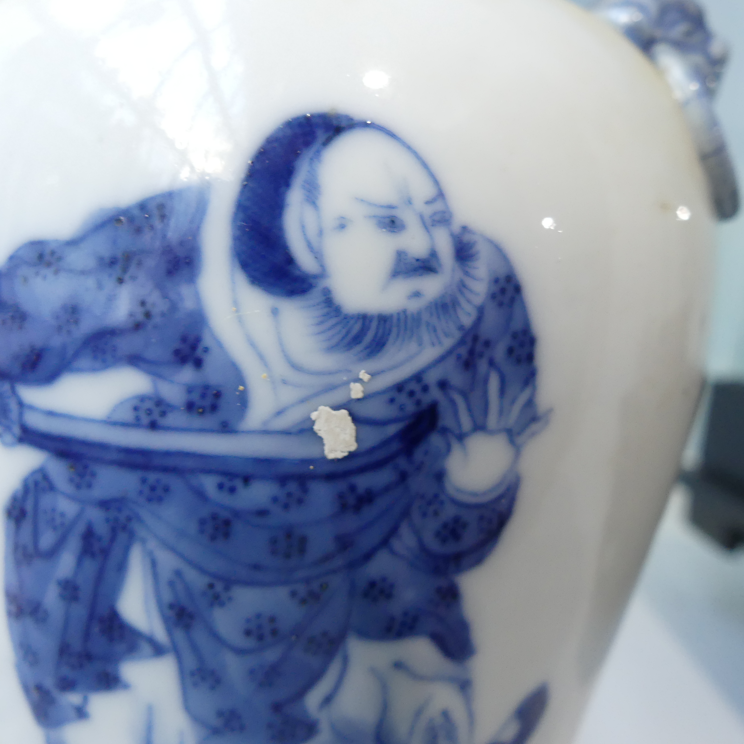 A pair of antique Chinese Blue and White Vases, the body decorated with warriors, with a six - Image 16 of 22