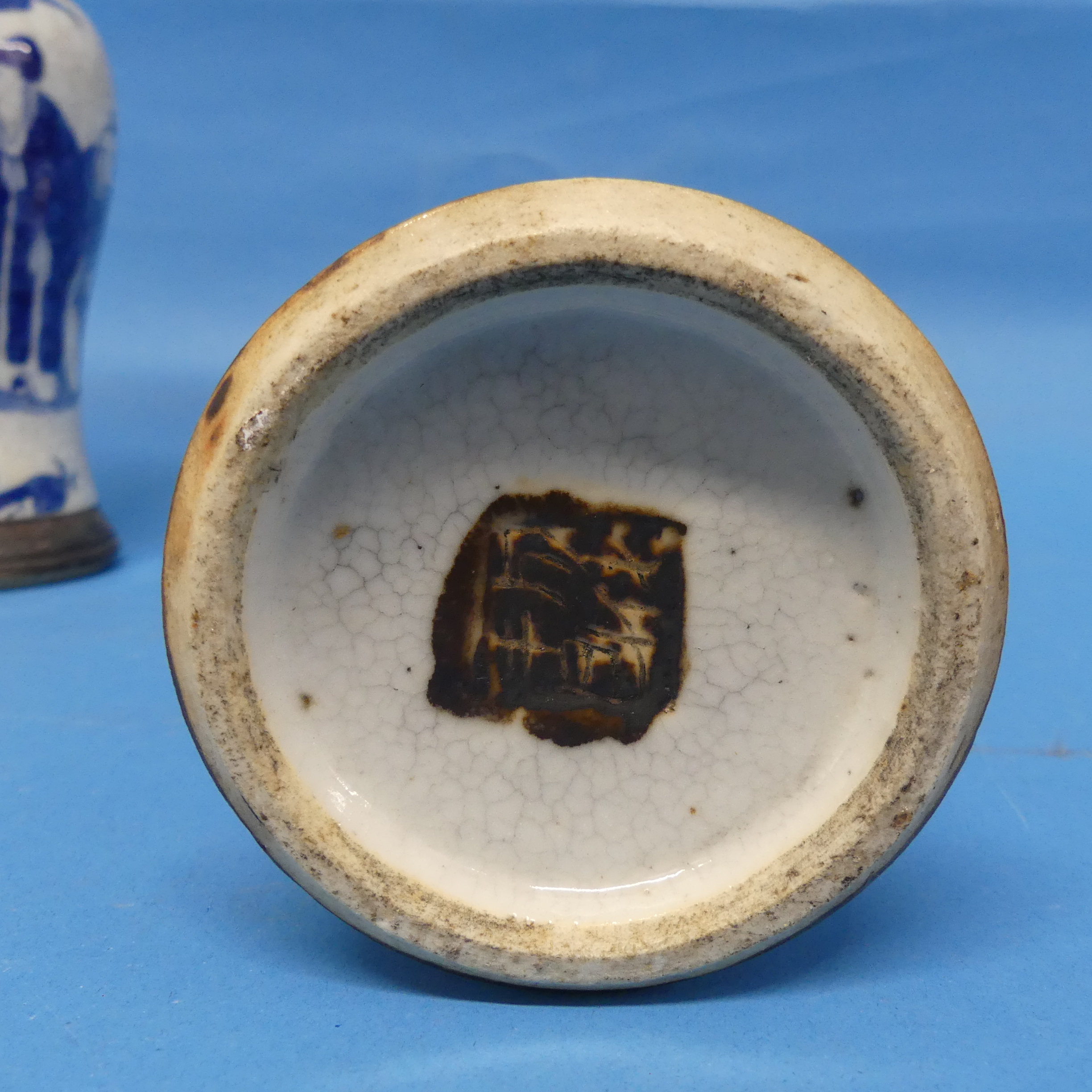 A pair of Chinese crackle glaze Vases, in the blue and white palette, with four character mark to - Image 6 of 8