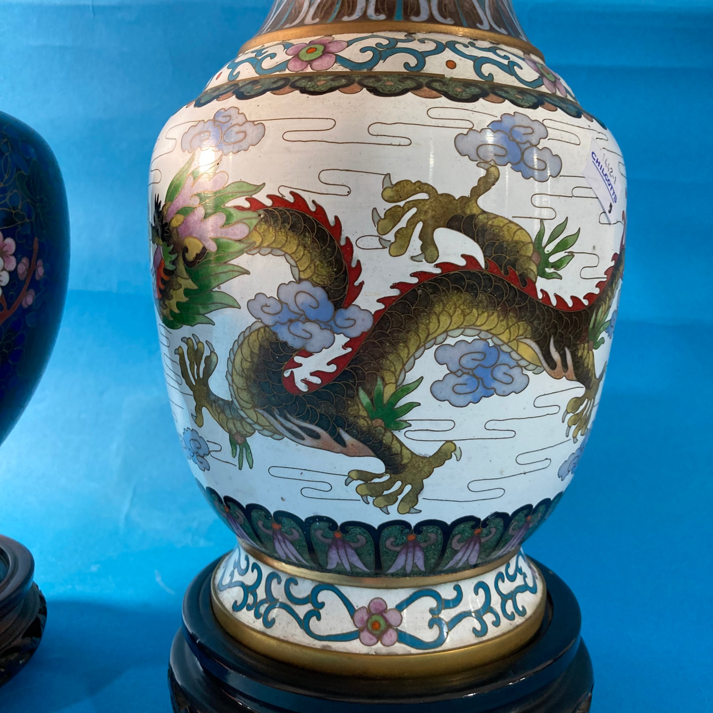 A large 20thC Chinese Cloisonné Vase, depicting a dragon amongst flora and fauna, raised on an - Image 3 of 6