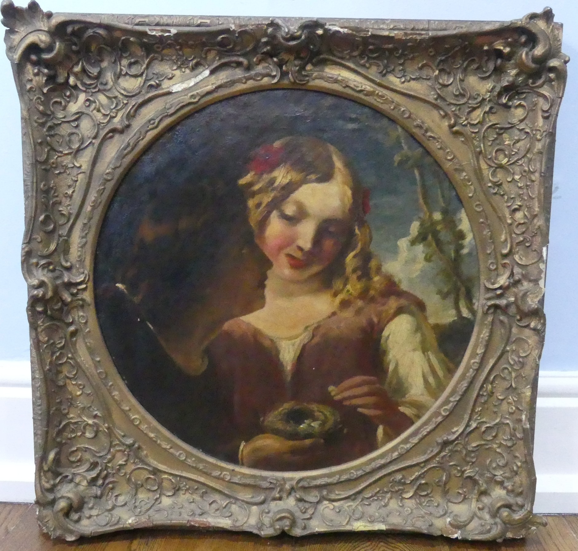 19thC School, Girls with birds nest, circular painting, oil on canvas, 51cm x 51cm, in ornate