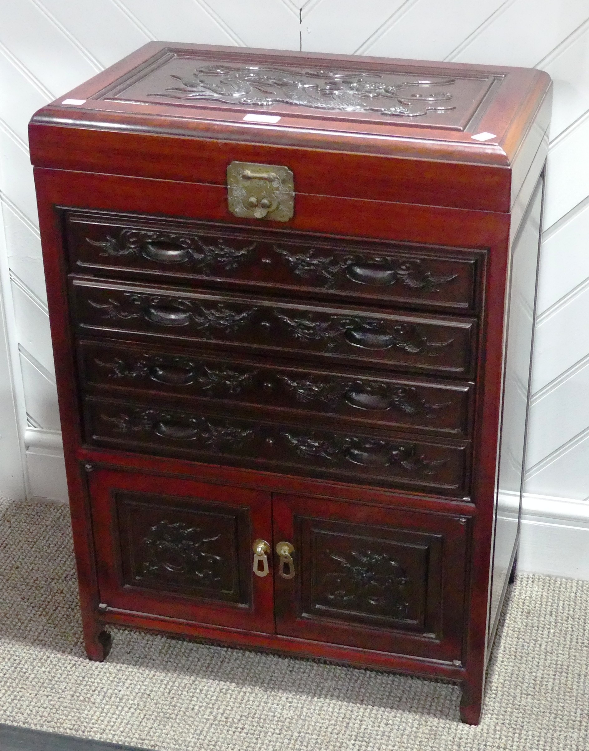 A late 20thC Oriental hardwood Cutlery Canteen Cabinet, with baize lined fitted hinged top section
